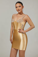 Load image into Gallery viewer, Sparkly Golden Satin Tight Short Corset Homecoming Dress with Beading