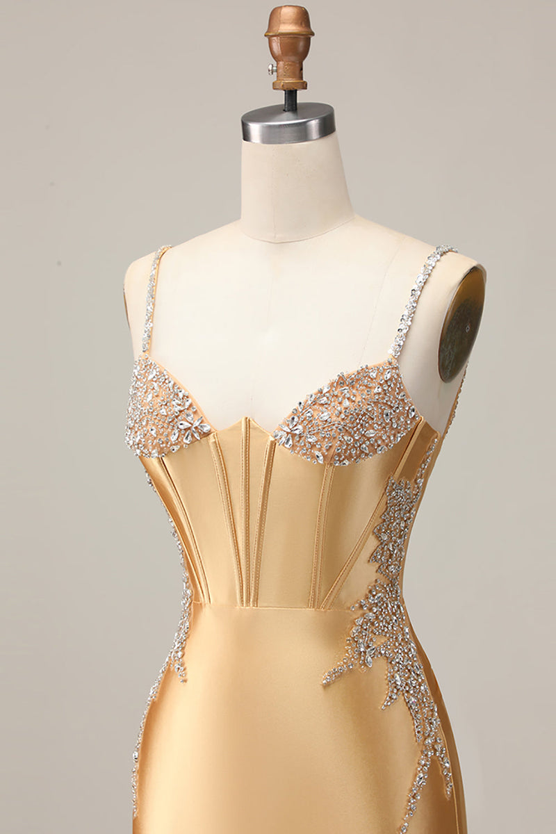 Load image into Gallery viewer, Sparkly Golden Satin Tight Short Corset Homecoming Dress with Beading