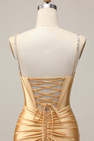 Load image into Gallery viewer, Sparkly Golden Satin Tight Short Corset Homecoming Dress with Beading