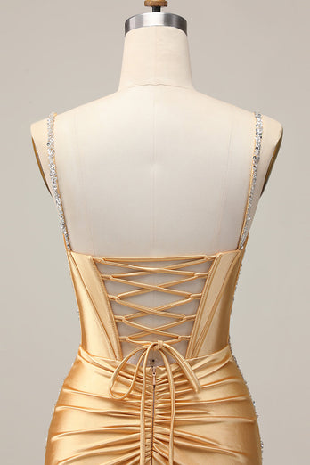 Sparkly Golden Satin Tight Short Corset Homecoming Dress with Beading