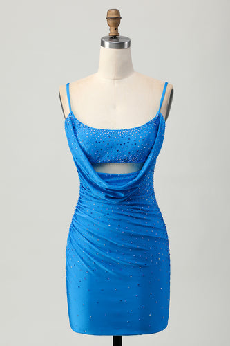 Sparkly Blue Cut Out Beaded Tight Short Homecoming Dress with Drapes