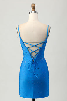 Sparkly Blue Cut Out Beaded Tight Short Homecoming Dress with Drapes