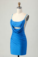 Load image into Gallery viewer, Sparkly Blue Cut Out Beaded Tight Short Homecoming Dress with Drapes