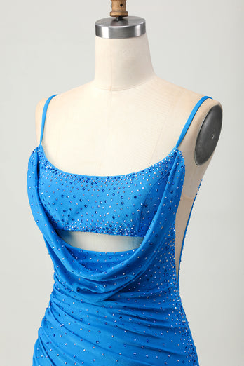Sparkly Blue Cut Out Beaded Tight Short Homecoming Dress with Drapes