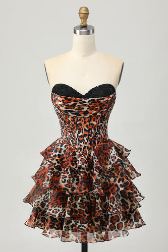 Khaki Leopard Print Strapless Corset Short Homecoming Dress with Ruffles