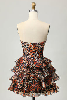 Khaki Leopard Print Strapless Corset Short Homecoming Dress with Ruffles
