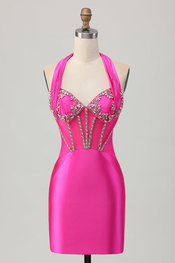 Sparkly Royal Blue Halter Corset Tight Short Homecoming Dress with Rhinestones
