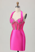 Load image into Gallery viewer, Sparkly Fuchsia Halter Corset Tight Short Homecoming Dress with Rhinestones