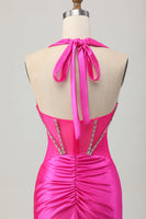 Load image into Gallery viewer, Sparkly Fuchsia Halter Corset Tight Short Homecoming Dress with Rhinestones