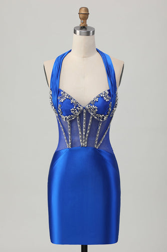 Sparkly Royal Blue Halter Corset Tight Short Homecoming Dress with Rhinestones