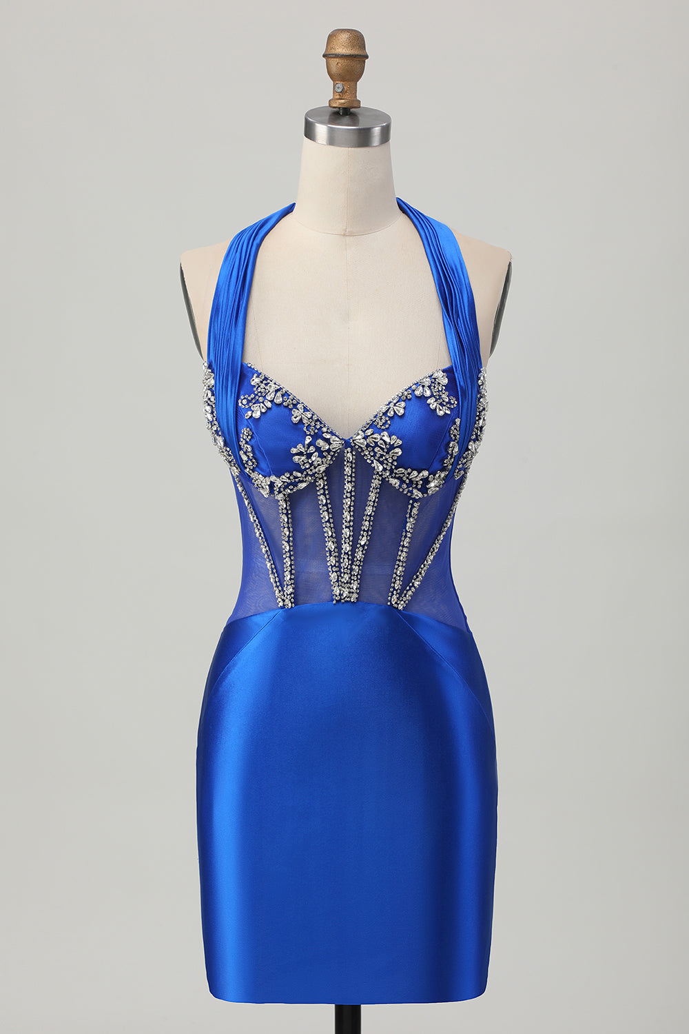Sparkly Royal Blue Halter Corset Tight Short Homecoming Dress with Rhinestones