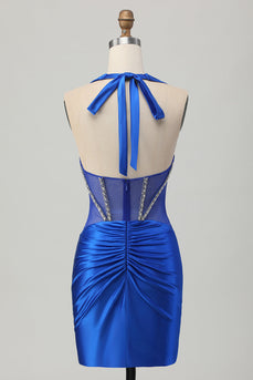 Sparkly Royal Blue Halter Corset Tight Short Homecoming Dress with Rhinestones