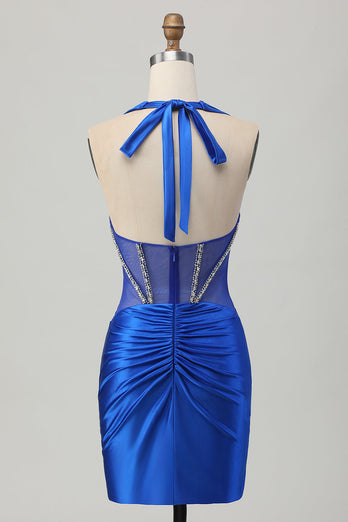 Sparkly Royal Blue Halter Corset Tight Short Homecoming Dress with Rhinestones
