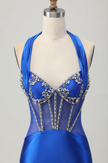 Sparkly Royal Blue Halter Corset Tight Short Homecoming Dress with Rhinestones