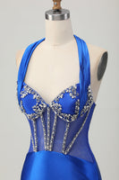 Load image into Gallery viewer, Sparkly Royal Blue Halter Corset Tight Short Homecoming Dress with Rhinestones
