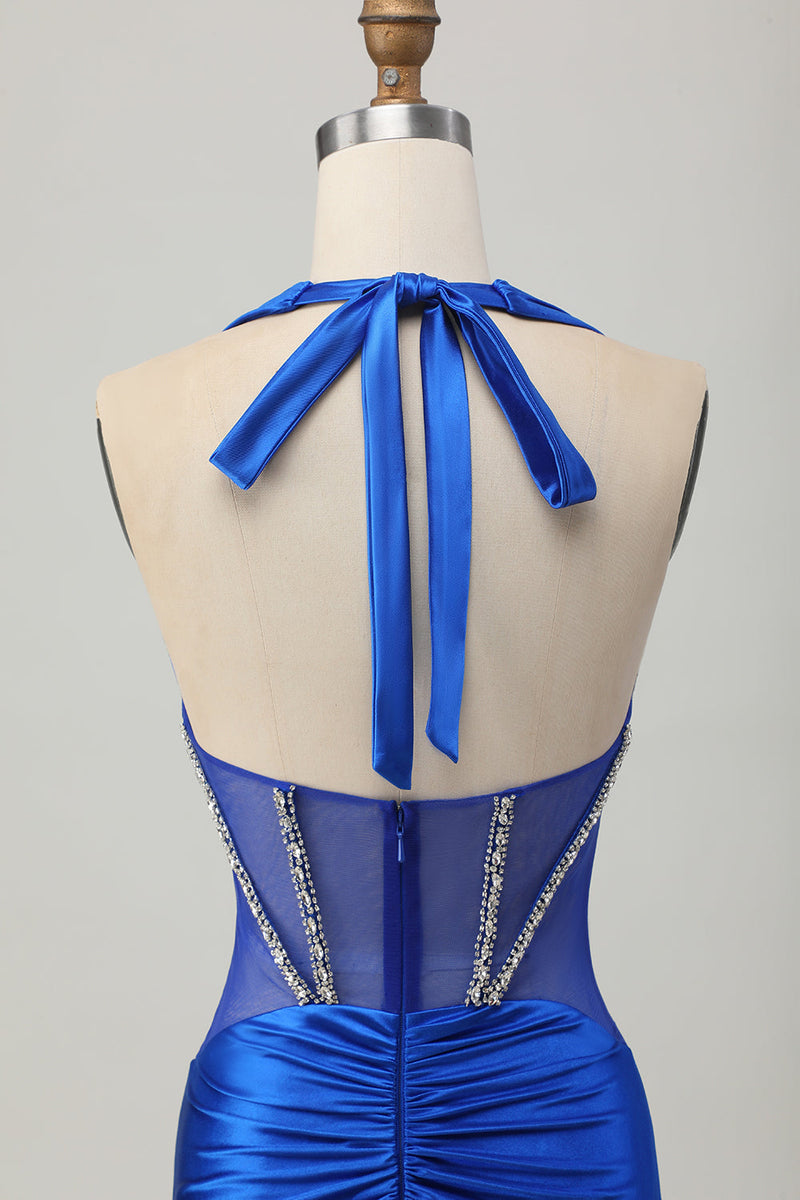 Load image into Gallery viewer, Sparkly Royal Blue Halter Corset Tight Short Homecoming Dress with Rhinestones