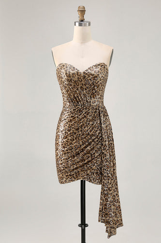 Sparkly Khaki Sequin Leopard Printed Short Tight Homecoming Dress