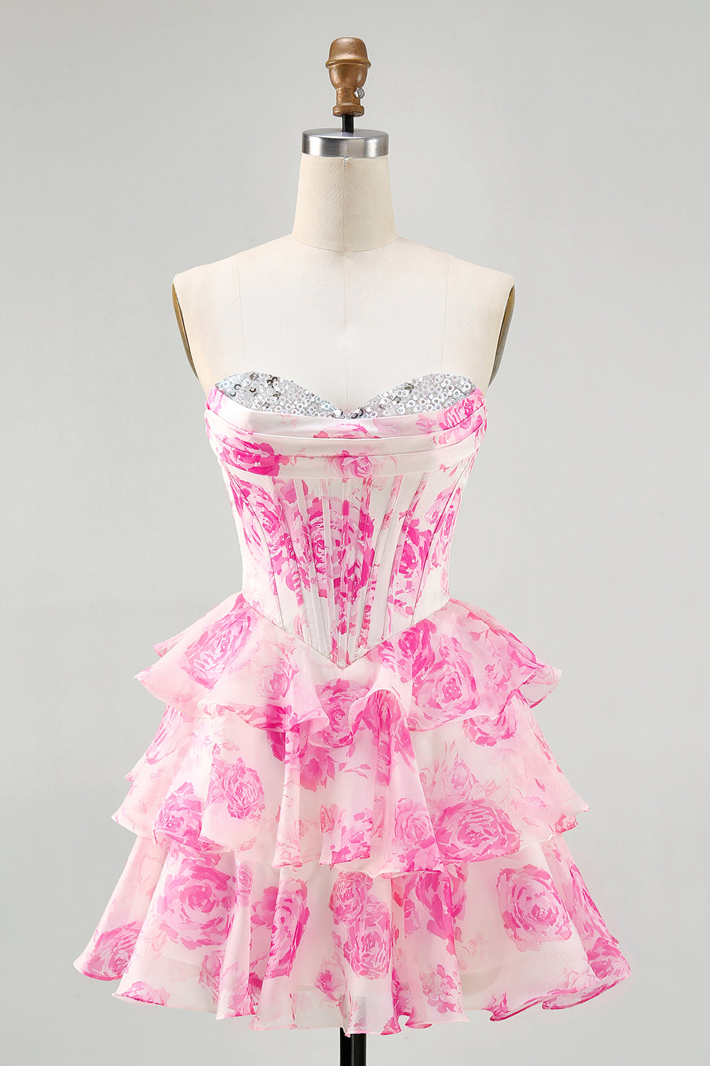 Sparkly Floral Fuchsia Sweetheart Corset Short Homecoming Dress