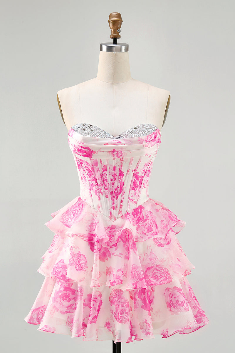 Load image into Gallery viewer, Sparkly Floral Fuchsia Sweetheart Corset Short Homecoming Dress