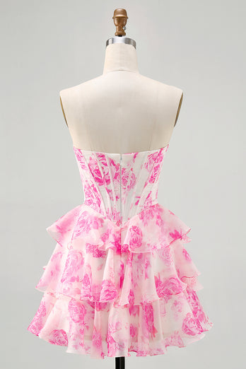 Sparkly Floral Fuchsia Sweetheart Corset Short Homecoming Dress