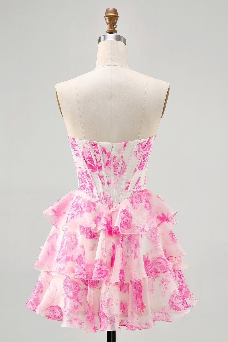 Load image into Gallery viewer, Sparkly Floral Fuchsia Sweetheart Corset Short Homecoming Dress