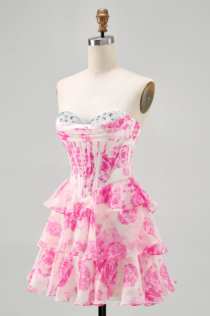 Load image into Gallery viewer, Sparkly Floral Fuchsia Sweetheart Corset Short Homecoming Dress
