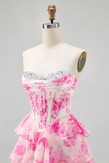 Sparkly Floral Fuchsia Sweetheart Corset Short Homecoming Dress