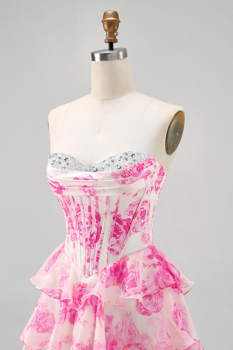 Load image into Gallery viewer, Sparkly Floral Fuchsia Sweetheart Corset Short Homecoming Dress