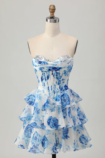 Sparkly Floral Fuchsia Sweetheart Corset Short Homecoming Dress