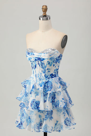 Sparkly Floral Fuchsia Sweetheart Corset Short Homecoming Dress