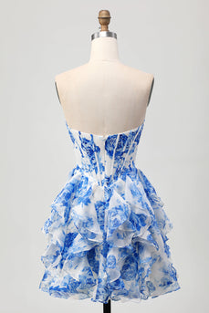Floral White and Blue Ruffled Corset Short Homecoming Dress with Bow