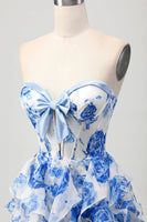 Load image into Gallery viewer, Floral White and Blue Ruffled Corset Short Homecoming Dress with Bow
