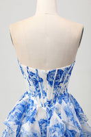 Load image into Gallery viewer, Floral White and Blue Ruffled Corset Short Homecoming Dress with Bow