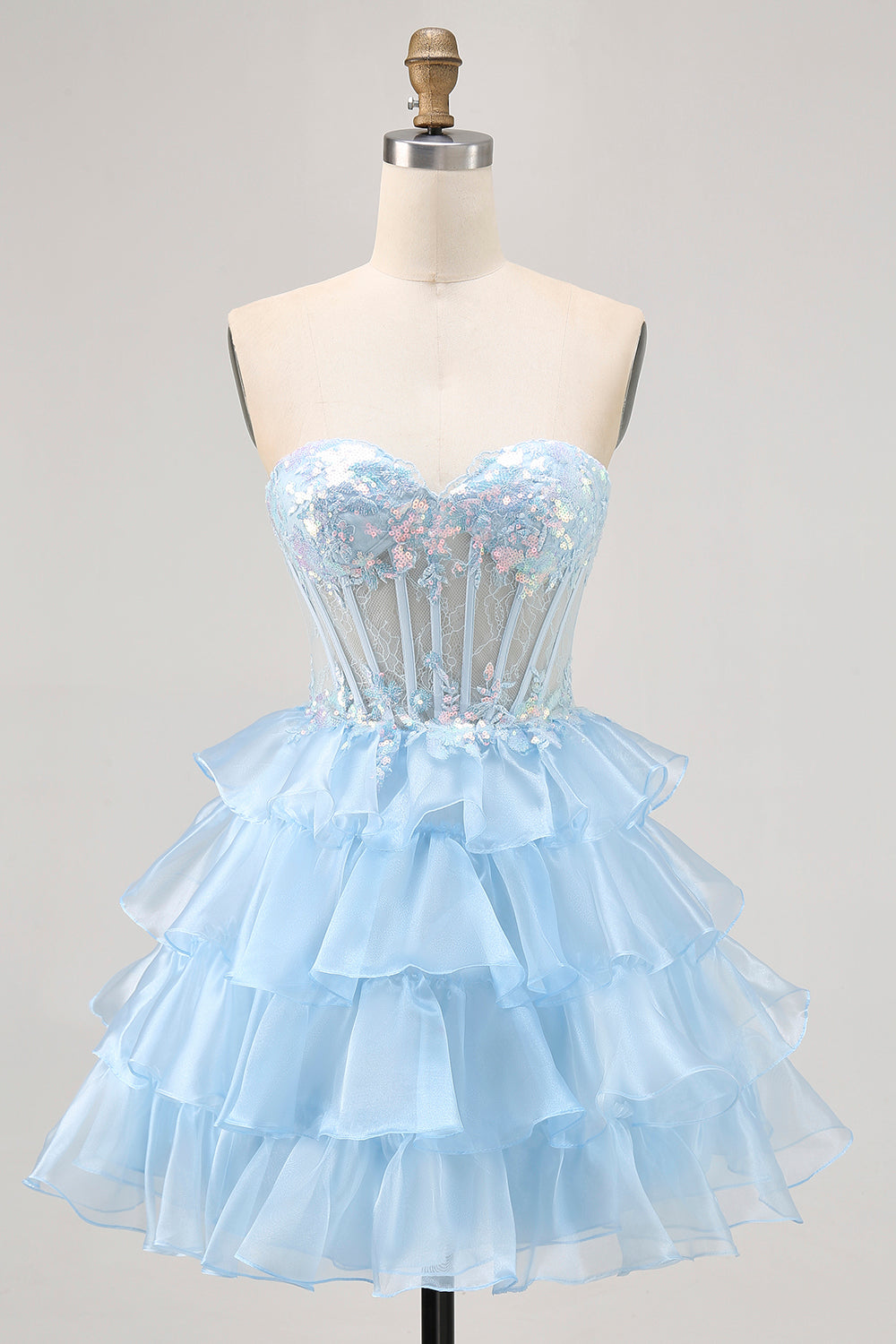 Sparkly Blue Sweetheart Corset Short Ruffled Homecoming Dress with Lace
