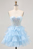 Load image into Gallery viewer, Sparkly Blue Sweetheart Corset Short Ruffled Homecoming Dress with Lace