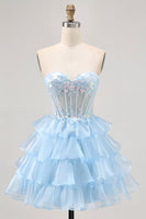 Load image into Gallery viewer, Sparkly Blue Sweetheart Corset Short Ruffled Homecoming Dress with Lace