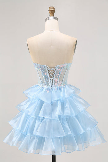 Sparkly Blue Sweetheart Corset Short Ruffled Homecoming Dress with Lace