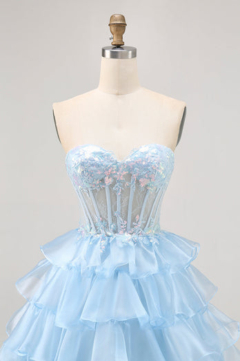Sparkly Blue Sweetheart Corset Short Ruffled Homecoming Dress with Lace