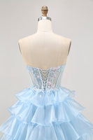 Load image into Gallery viewer, Sparkly Blue Sweetheart Corset Short Ruffled Homecoming Dress with Lace