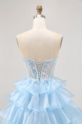 Sparkly Blue Sweetheart Corset Short Ruffled Homecoming Dress with Lace