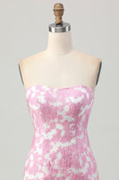 Load image into Gallery viewer, Pink Floral Jacquard Detachable Sleeves Strapless Tight Short Homecoming Dress