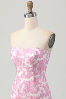 Load image into Gallery viewer, Pink Floral Jacquard Detachable Sleeves Strapless Tight Short Homecoming Dress