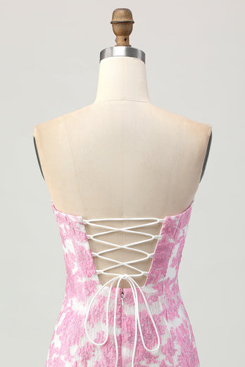 Pink Floral Jacquard Detachable Sleeves Strapless Tight Short Homecoming Dress