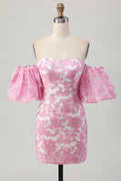 Load image into Gallery viewer, Pink Floral Jacquard Detachable Sleeves Strapless Tight Short Homecoming Dress