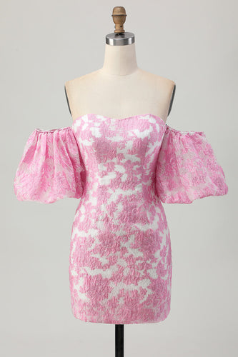 Pink Floral Jacquard Detachable Sleeves Strapless Tight Short Homecoming Dress