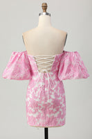 Load image into Gallery viewer, Pink Floral Jacquard Detachable Sleeves Strapless Tight Short Homecoming Dress