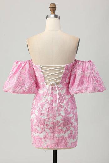 Pink Floral Jacquard Detachable Sleeves Strapless Tight Short Homecoming Dress