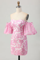 Load image into Gallery viewer, Pink Floral Jacquard Detachable Sleeves Strapless Tight Short Homecoming Dress