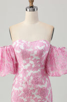 Load image into Gallery viewer, Pink Floral Jacquard Detachable Sleeves Strapless Tight Short Homecoming Dress