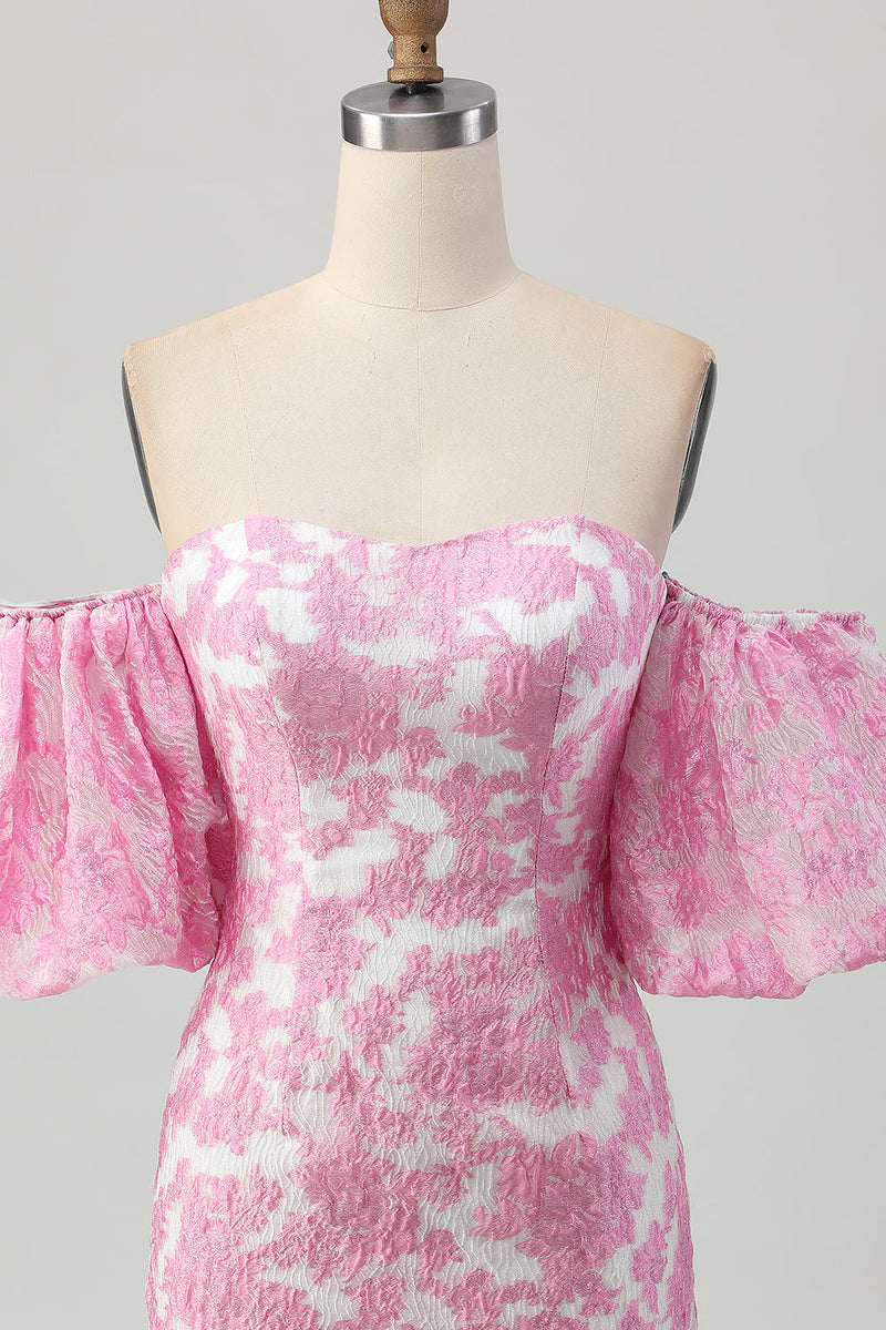 Load image into Gallery viewer, Pink Floral Jacquard Detachable Sleeves Strapless Tight Short Homecoming Dress